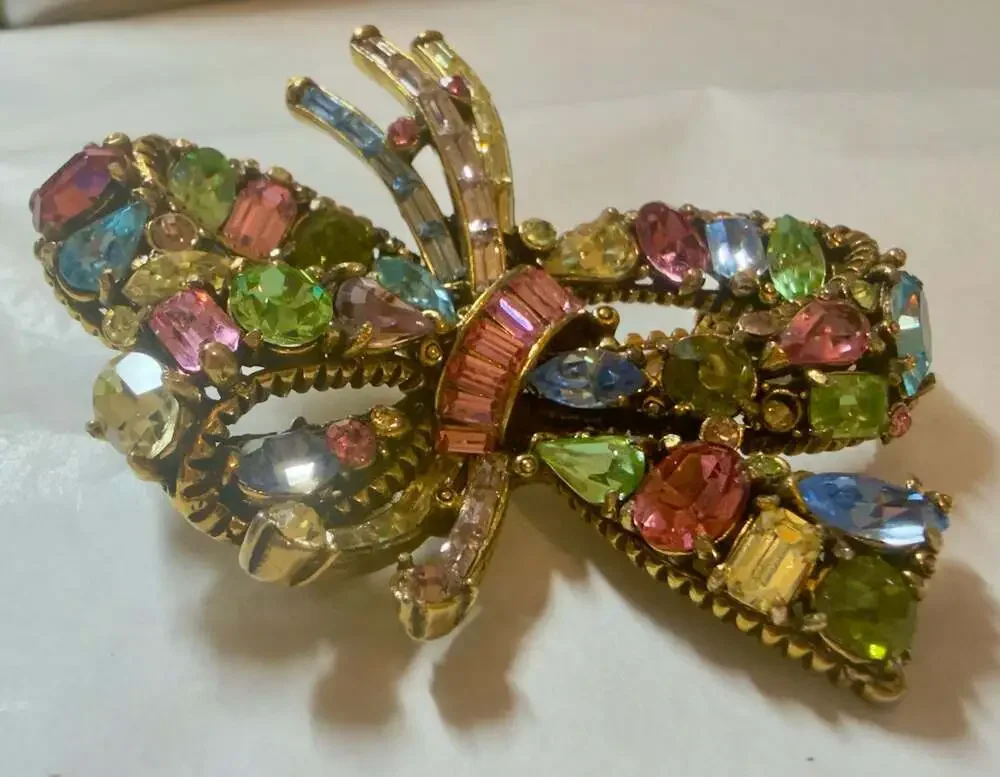 Vtg Pastel Crystal Rhinestone Hollycraft Bow Brooch 2.25 x 2